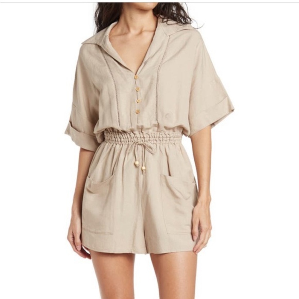 Anthropologie Blank NYC Beige Linen Blend ShortSleeve Utility cargo Romper Small